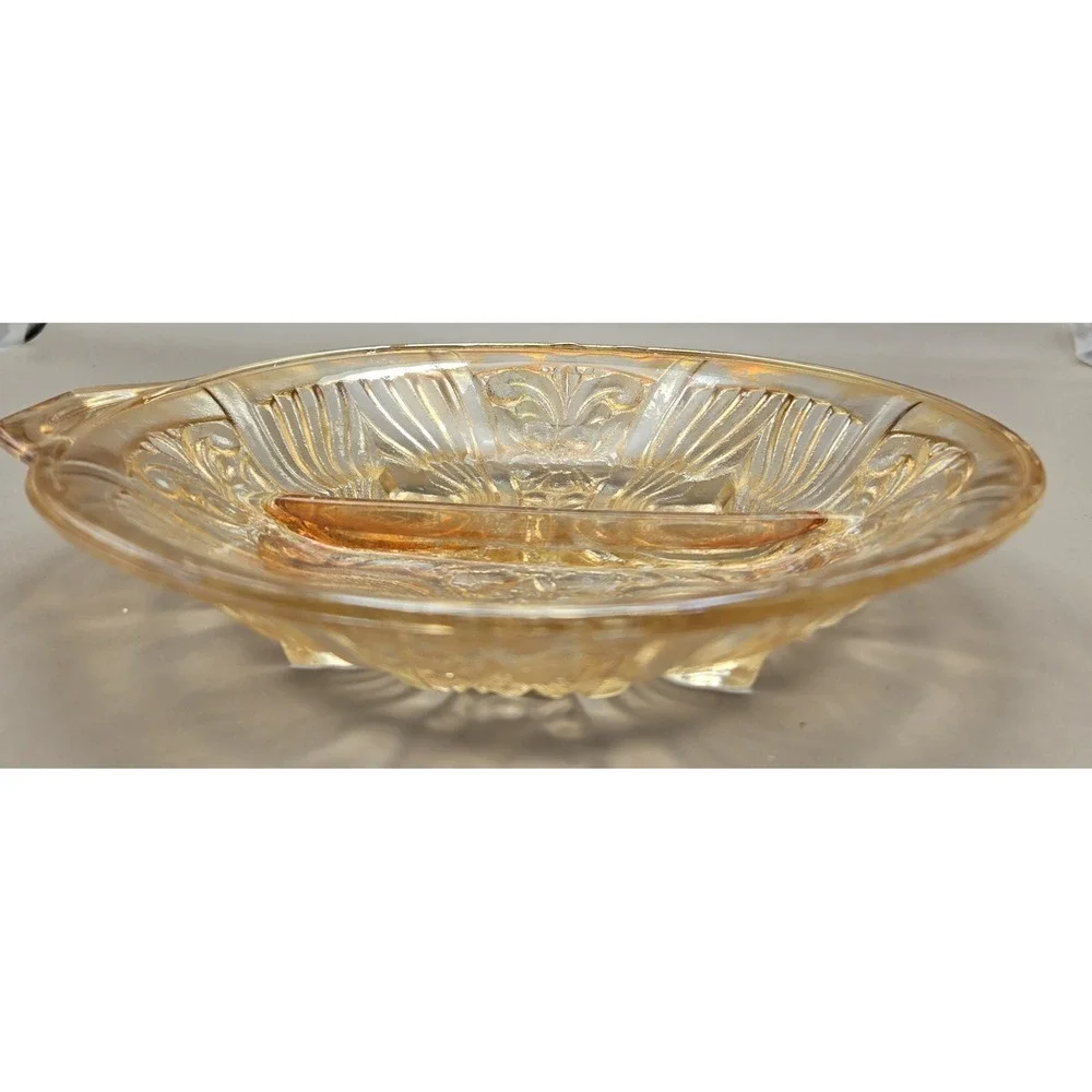 Vintage Divided Relish Dish Iridescent Light Amber Carnival Glass B#27